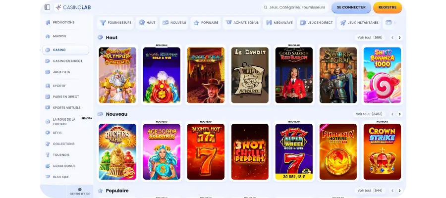 Lab Casino catalogue jeux slots complet PC