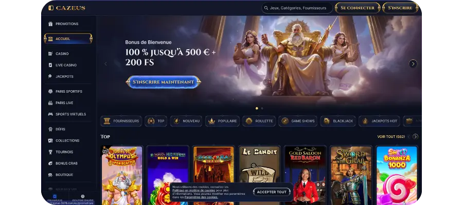 Cazeus Casino page d'accueil interface utilisateur moderne