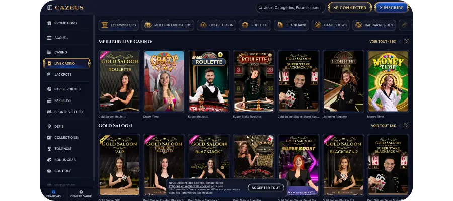 Cazeus tables live croupiers en direct HD